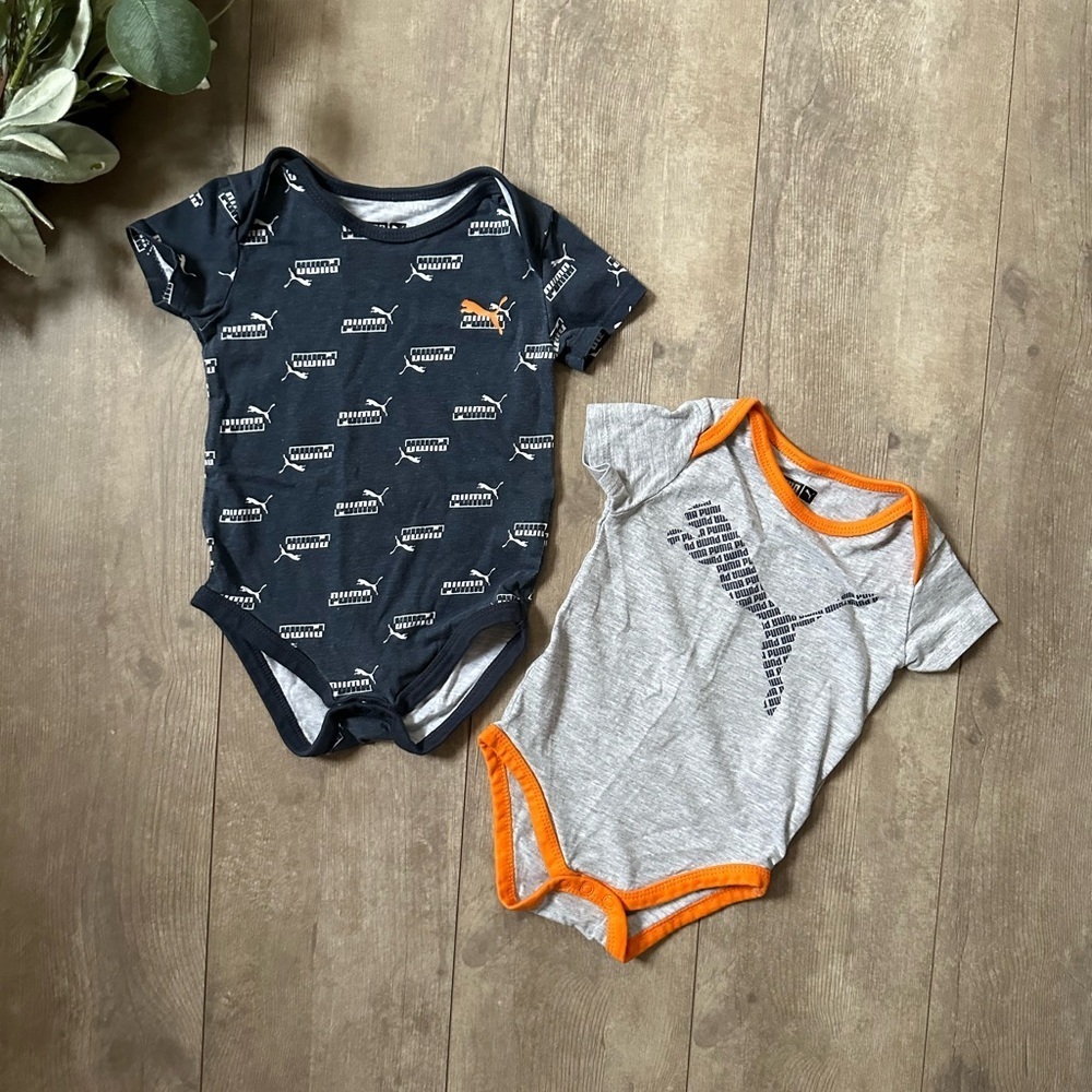 Y2K Puma Baby Boy Bodysuits Set of Two Size 3-6 Months Navy, Gray Orange